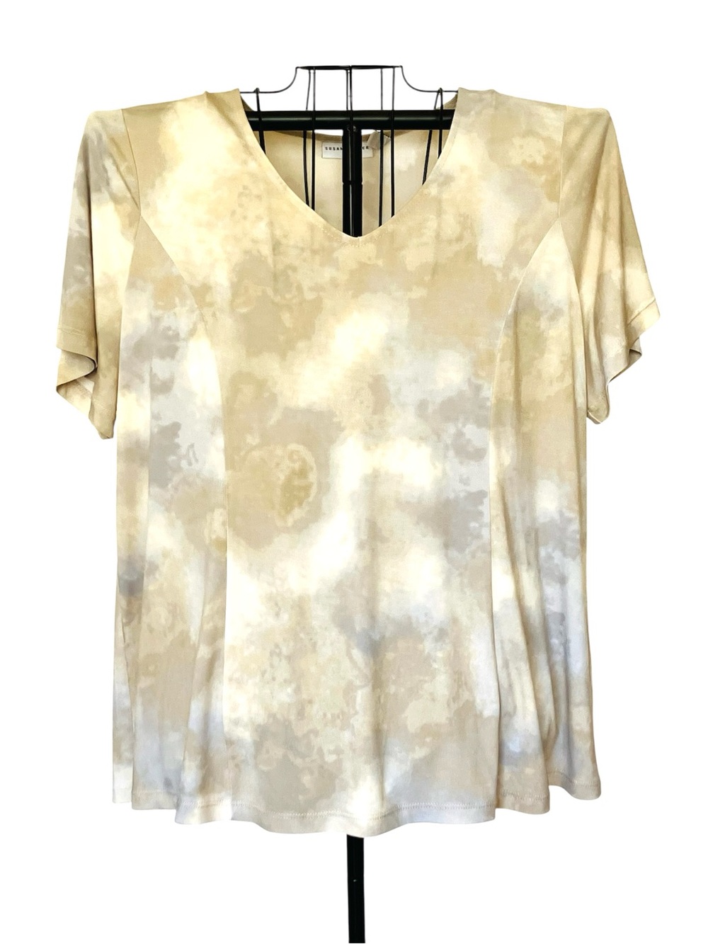 Susan Graver Printed Liquid Knit Flutter-Sleeve Fit & Flare Top XL A397776 Beige